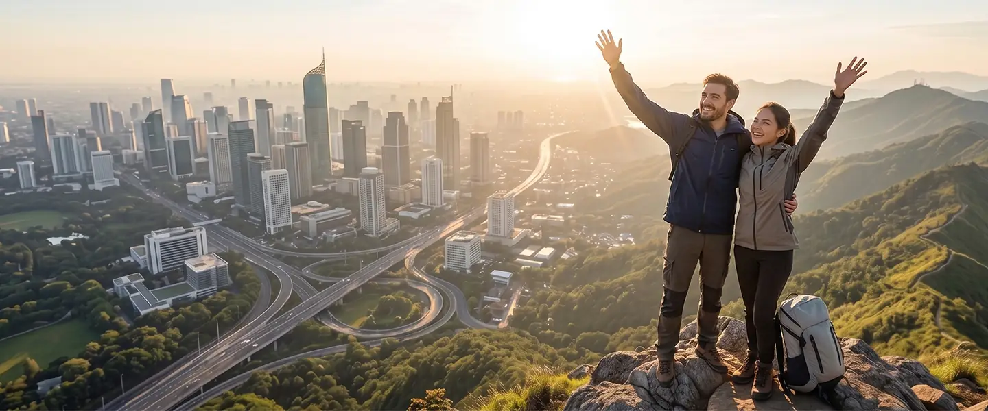 Pasangan berdiri di puncak gunung dengan latar pegunungan Indonesia