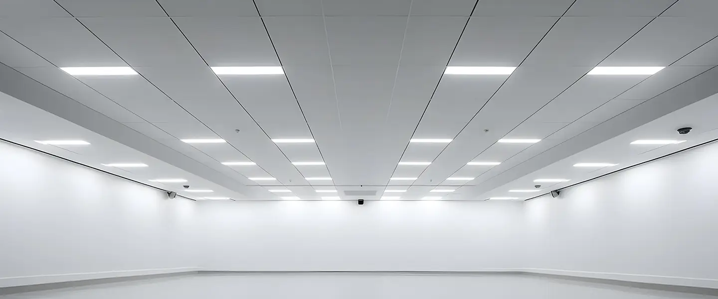 Plafon akustik modular berlampu panel di ruang komersial yang luas