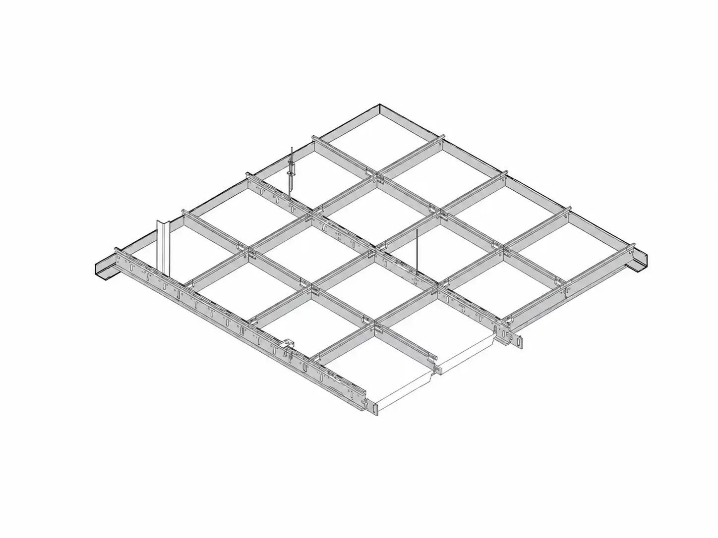 Diagram isometrik BRS Tee Grid System: main tee, cross tee, wall angle, dan penggantung rod membentuk rangka plafon
