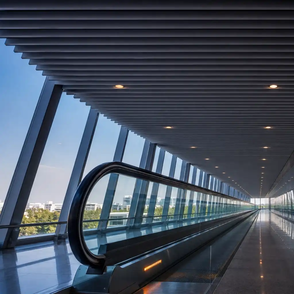 Travelator bandara dengan plafon metal Luxalon bermotif kayu