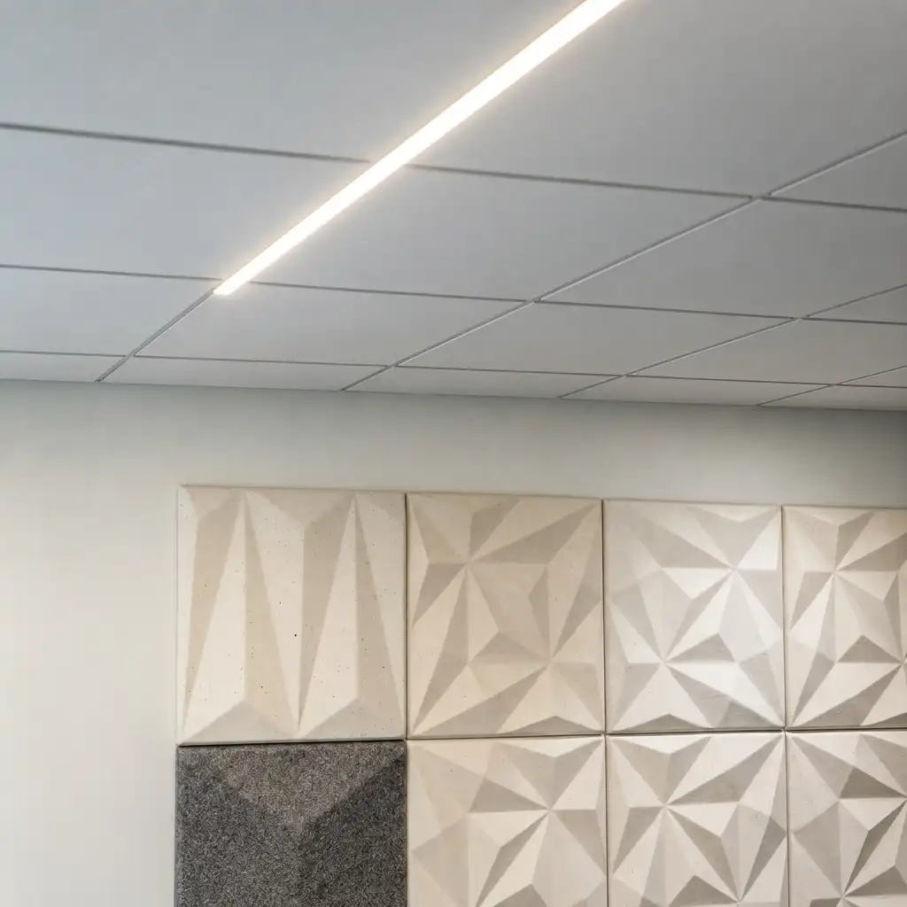 Plafon akustik Phonic dengan panel dinding geometris di ruang kantor