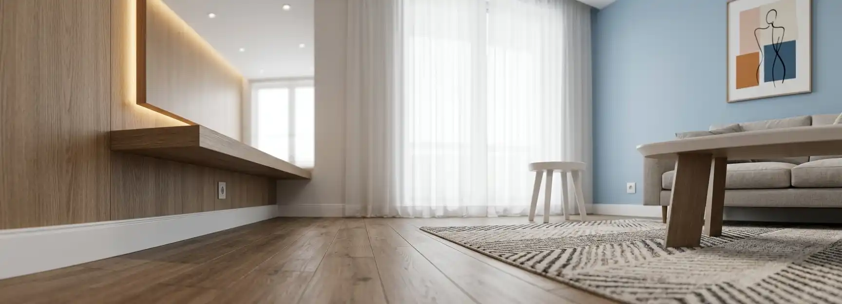 Ruang keluarga dengan skirting BRS di pertemuan dinding dan lantai kayu
