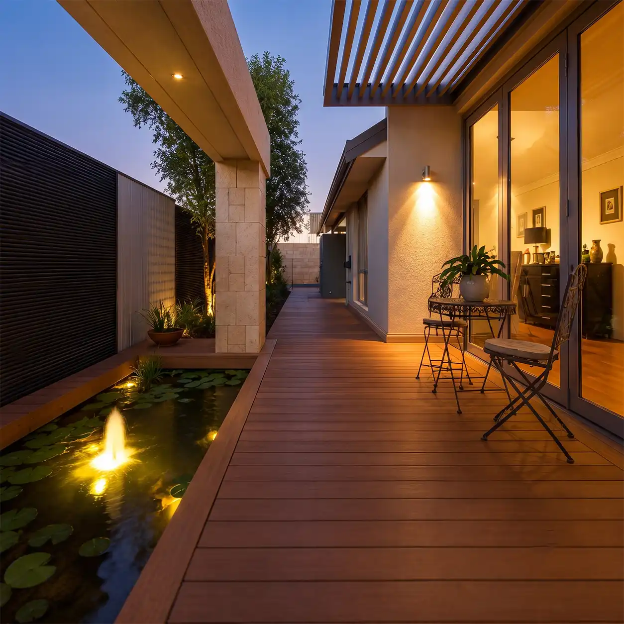 Teras belakang dengan decking dan dinding kayu komposit Kaiden Green Wood di malam hari