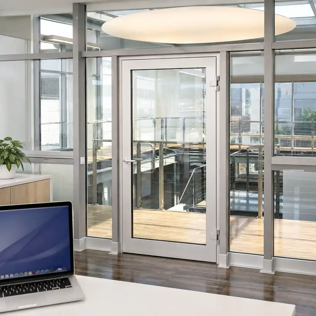 Pintu kaca komersial dengan handle dan door closer ASSA ABLOY