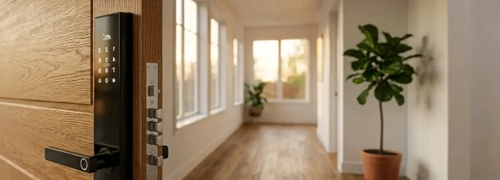 Smart lock Lexcia terpasang di pintu kayu sebuah hunian, menghadap koridor yang terang