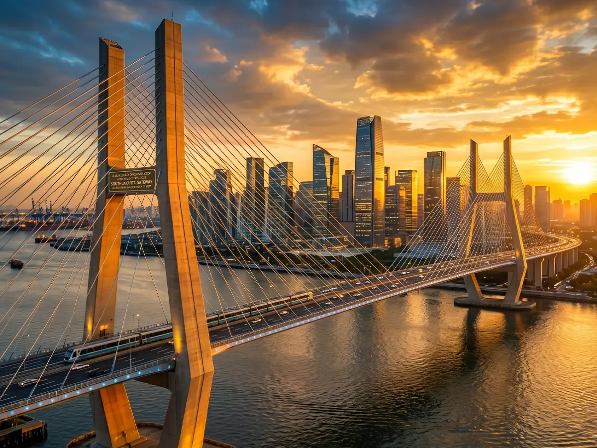 Panorama jembatan dan gedung kota saat matahari terbenam